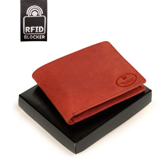 Cartera Delgada Para Hombre Con Protección RFID - Cuero Natural, Marrón - Con Compartimento Para Monedas Y Cierre Magnético
