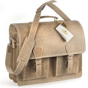 Mallette / sac professeur pour homme et femme, taille L, cuir de buffle, 600 beige