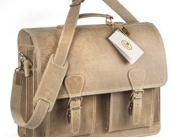 Aktentasche / Lehrertasche für Damen und Herren, Größe L, Büffel-Leder, 600 Beige