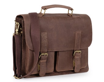 Compact briefcase / business bag for women and men, size M, buffalo leather in vintage style, 410-n brown