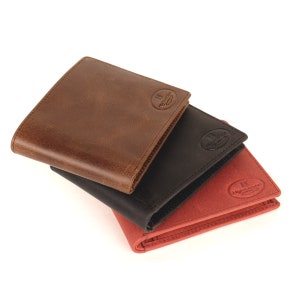 Slim Geldbörse / Schlankes Portemonnaie mit RFID-Schutz, Querformat, Leder, Schwarz, Braun, Rost-Rot, ha-108
