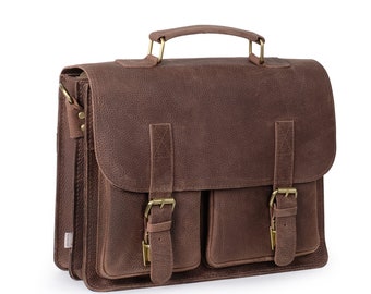 Compact briefcase / business bag for women and men, size M, buffalo leather in vintage style, 410-n brown