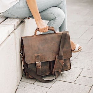 Very Large Briefcase / Teacher Bag for Women and Men, Size XL, Buffalo Leather, 422 Brown Used Look