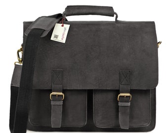 Große Aktentasche / Lehrertasche für Damen und  Herren, Größe L, Büffel-Leder, 420-n Schwarz