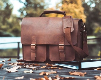 Very Large Briefcase / Teacher Bag for Women and Men, Size XL, Buffalo Leather, 422 Cognac Brown