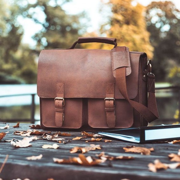 Sehr Große Aktentasche / Lehrertasche für Damen und Herren, Größe XL,  Büffel-Leder, 422 Cognac-Braun