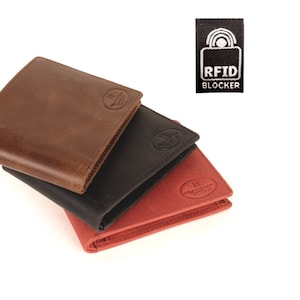 Slim wallet / thin billfold for men with RFID protection, horizontal format, leather, Black, Brown, Rust Red, ha-108