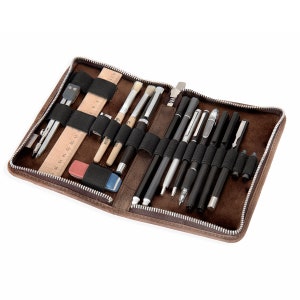 Gift Ideas: Large foldable Pencil Case / Leather Etui, Buffalo Leather, Brown, custom engraving possible, 014
