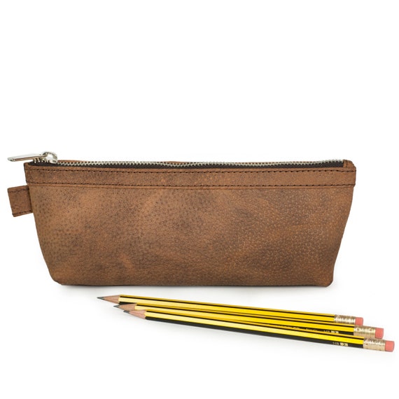 Practical Pencil Case / Pencil Pouch, Buffalo Leather, Cognac-brown,  Personalized Engraving Possible, 010 