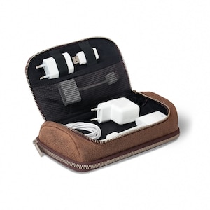 Torba na kable XL, organizer na kable, 2 przegródki, wykonana ze skóry bawolej, kolor brązowy, model 021
