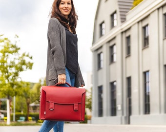 Gift Ideas: Premium Briefcase / Teacher Bag for women, Size L, Leather, 609 Light Cherry Red, lining blue or grey