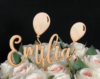 Cake topper cursive personalized with first name and balloon, single line, production and shipping from Germany