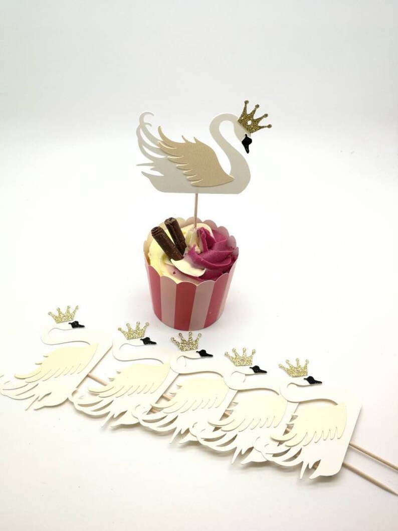White Vintage Wedding Party Cupcake Cake Decoration Swan Gold Crown Birthday Decoration