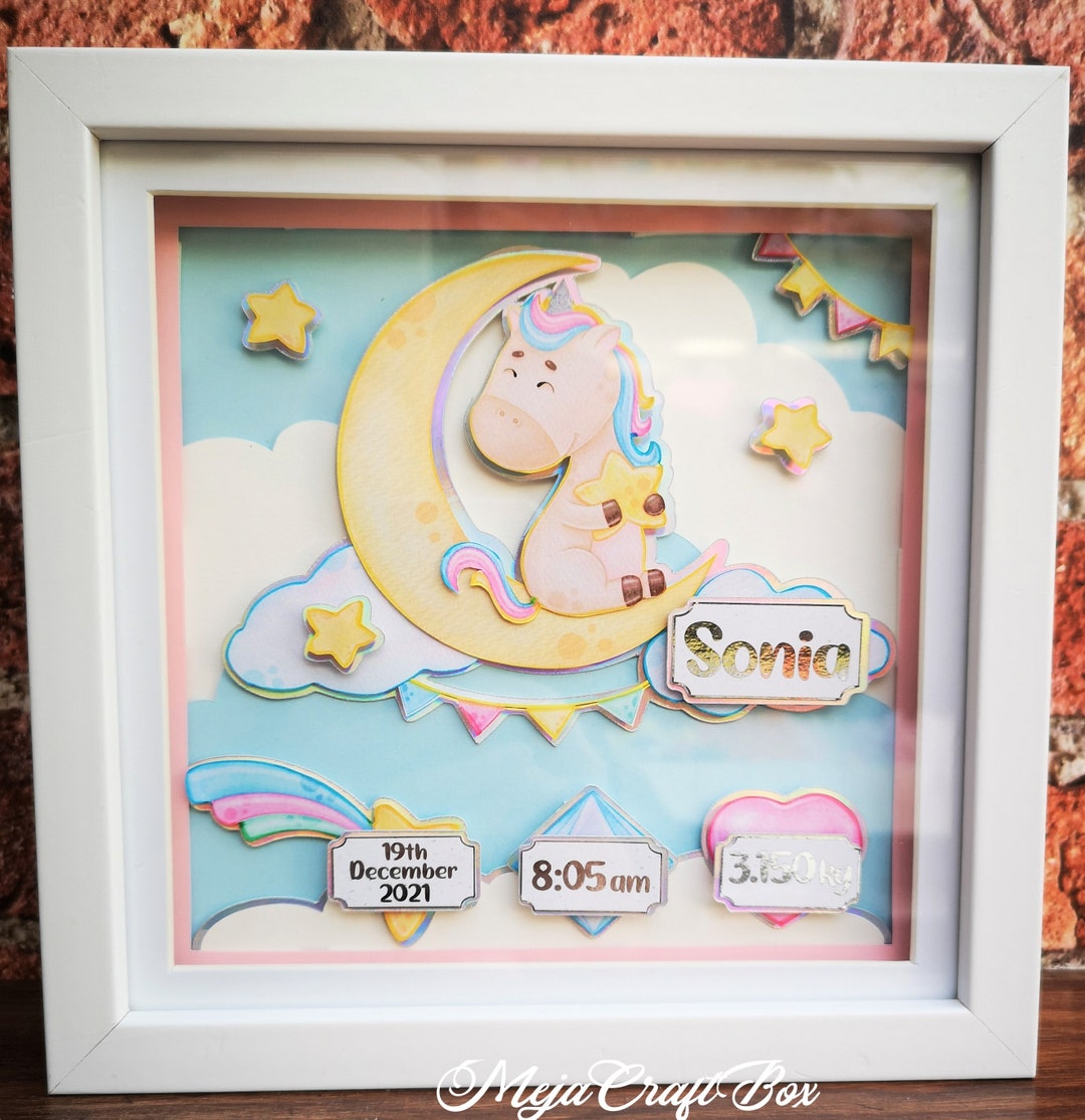 Baby Frame Box , Birth Details Keepsake, 3D Unicorn Themed Personalised