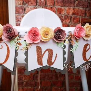 One high chair banner, floral boho theme smash cake topper, first birthday girl party decoration