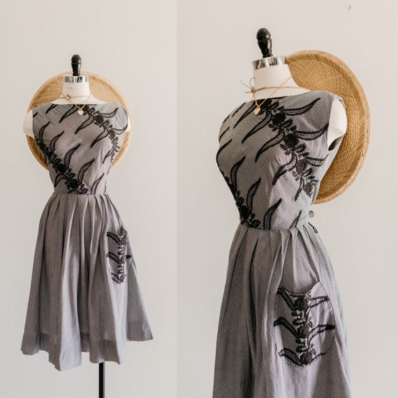 gingham floral swing dress | floral embroidered sw