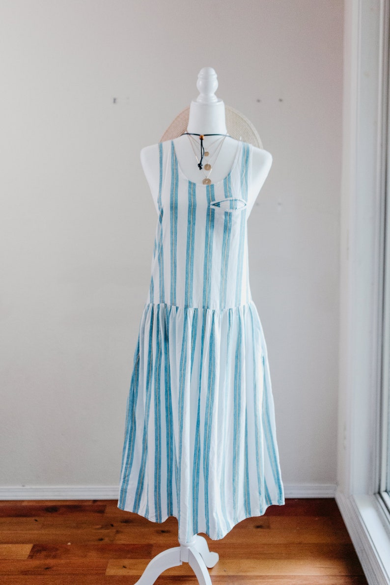 blue and white striped sundress