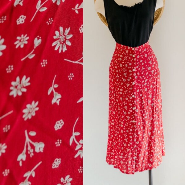 falda de mercado rojo floral - L / vintage 90s estampado microfloral maxi falda / botón en la falda recta de cintura alta delantera / falda botánica