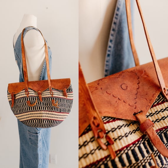 leather sisal tote | African sisal style bag | str