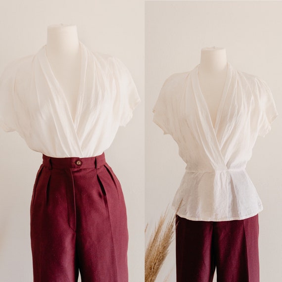 white silk blouse - M | white deep v neck blouse |