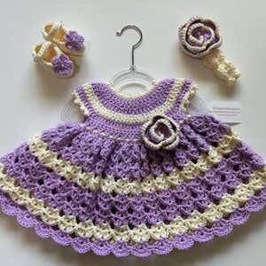Baby Crochet Dress Lilac and Off-White Baby Girl Outfit Off-White Baby Headband Off-White Crochet Baby Booties Baby Purple Crochet Outfit