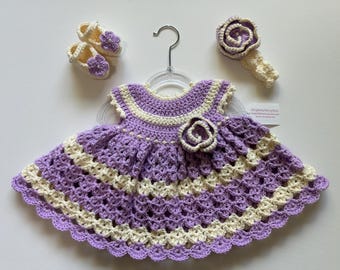 Crochet Baby Dress Set: Lilac and Off-White Outfit, Headband and Booties (0-6 Months)