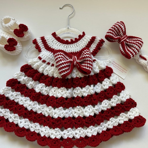 Baby Crochet Dress Red and White Crochet Baby Girl Outfit Red & White Crochet Baby Headband White Crochet Baby Booties Red Newborn Dress Set