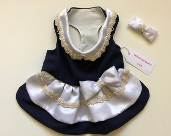 Dark Blue Dog Dress: Satin Bow, Pearl Trim, Matching Head Clip