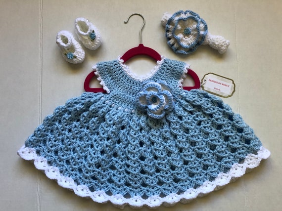 Baby Crochet Dress Blue Crochet Baby Girl Outfit White Crochet | Etsy