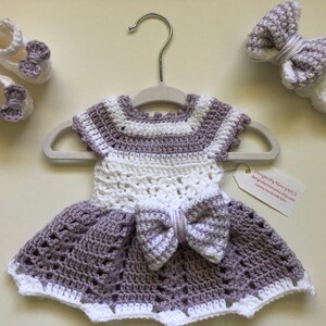 Newborn Crochet Dress Lilac and White Crochet Baby Girl Outfit White Crochet Newborn Headband White Crochet Baby Booties Lilac Newborn Dress