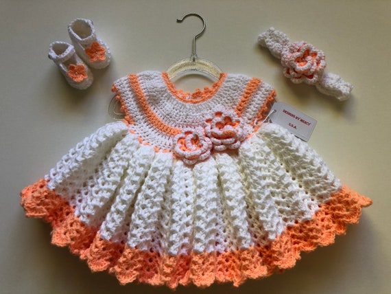 Baby Crochet Dress White and Peach Crochet Baby Girl Outfit | Etsy
