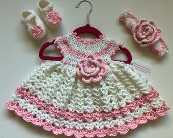 Baby Crochet Dress White and Pink Crochet Baby Girl Outfit White & Pink Crochet Baby Headband White Crochet Baby Booties Pink Newborn Dress