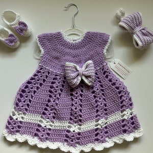 Baby Crochet Dress Lilac and White Crochet Baby Girl Outfit White Crochet Baby Headband White Crochet Baby Booties Lilac Baby Dress Set