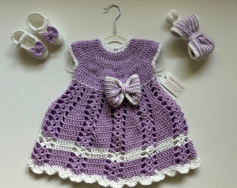 Crochet Baby Dress Set: Lilac and White Outfit, Headband & Booties (6-9 Months)