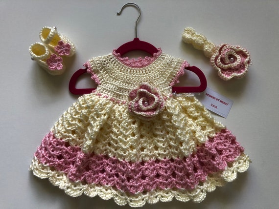 Baby Crochet Dress Off White and Pink Crochet Baby Headband | Etsy