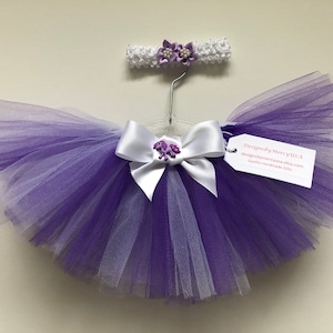 Baby Tutu Skirt Purple and White Baby Tutu Outfit Baby Purple and White Tutu Set White Elastic Baby Headband Newborn Purple & White Tutu