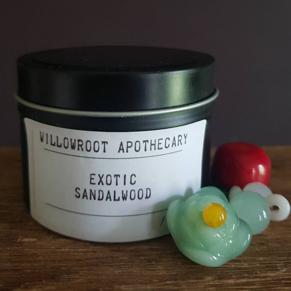 Exotic sandalwood a strong scented soy wax candle with wood wick / cotton wick by Willowroot Apothecary