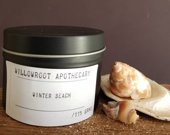 Winter beach a strong scented soy wax candle with wood wick / cotton wick by Willowroot Apothecary