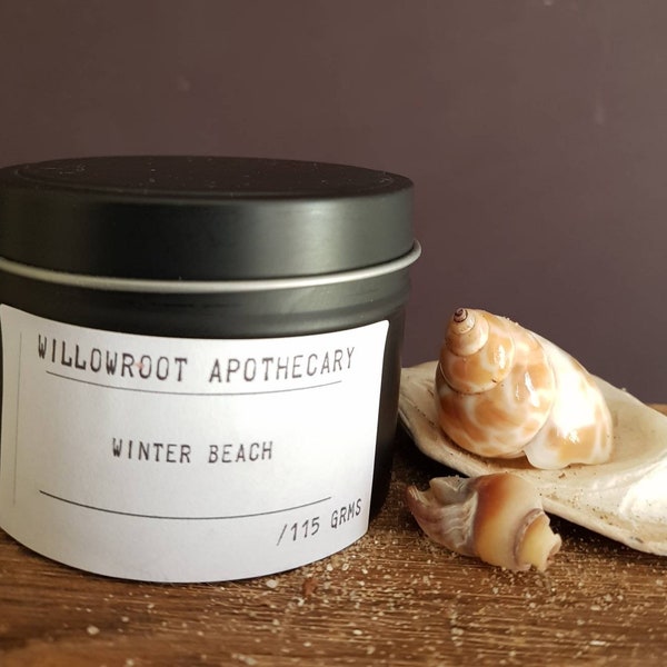 Winter beach a strong scented soy wax candle with wood wick / cotton wick by Willowroot Apothecary