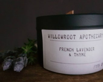 French lavender and thyme strong scented soy wax candle with wood wick / cotton wick by Willowroot Apothecary