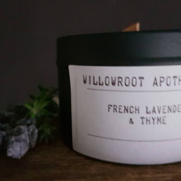 French lavender and thyme strong scented soy wax candle with wood wick / cotton wick by Willowroot Apothecary