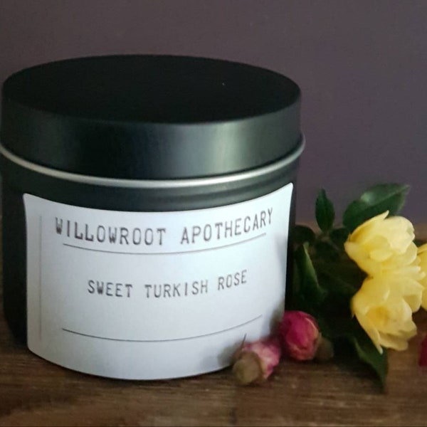 Sweet Turkish Rose a strong scented soy wax candle with wood wick / cotton wick by Willowroot Apothecary