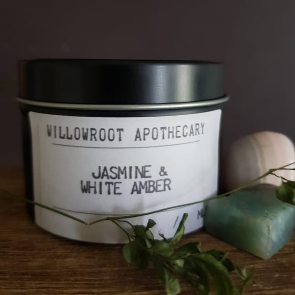 Jasmine and white amber strong scented soy wax candle with wood wick/ cotton by Willowroot Apothecary
