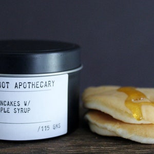 Pancakes with maple syrup strong scented soy wax candle by Willowroot Apothecary