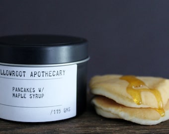 Pancakes with maple syrup strong scented soy wax candle by Willowroot Apothecary