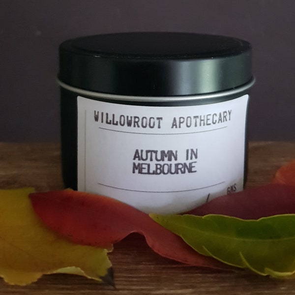 Autumn in Melbourne a strong scented soy wax candle with wood wick / cotton wick by Willowroot Apothecary