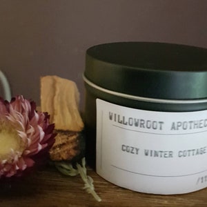 Cozy Winter cottage strong scented soy wax candle with wood wick / cotton wick by Willowroot Apothecary image 1