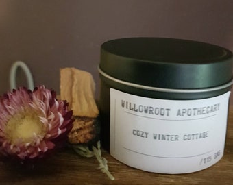 Cozy Winter cottage strong scented soy wax candle with wood wick / cotton wick by Willowroot Apothecary