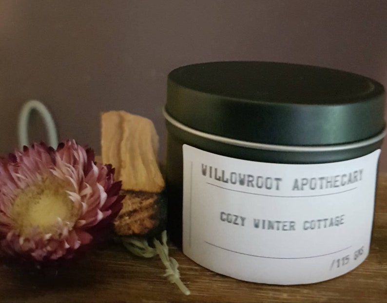 Cozy Winter cottage strong scented soy wax candle with wood wick / cotton wick by Willowroot Apothecary image 1