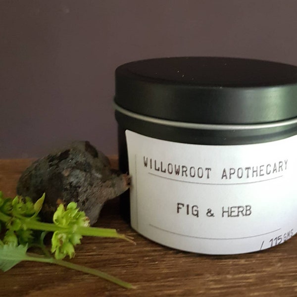 Fig and herb a strong scented soy wax candle with wood wick / cotton wick by Willowroot Apothecary